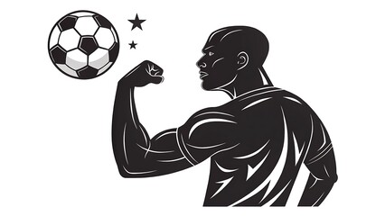A man flexing his muscles with a soccer ball in the background.